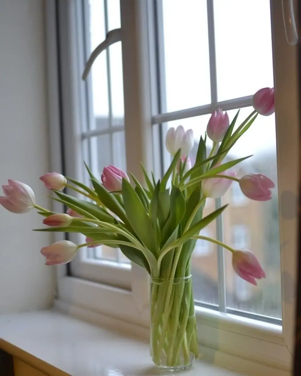 Bình thủy tinh trong cắm hoa tulip đặt trên bệ cửa sổ, nước trong và cành xanh