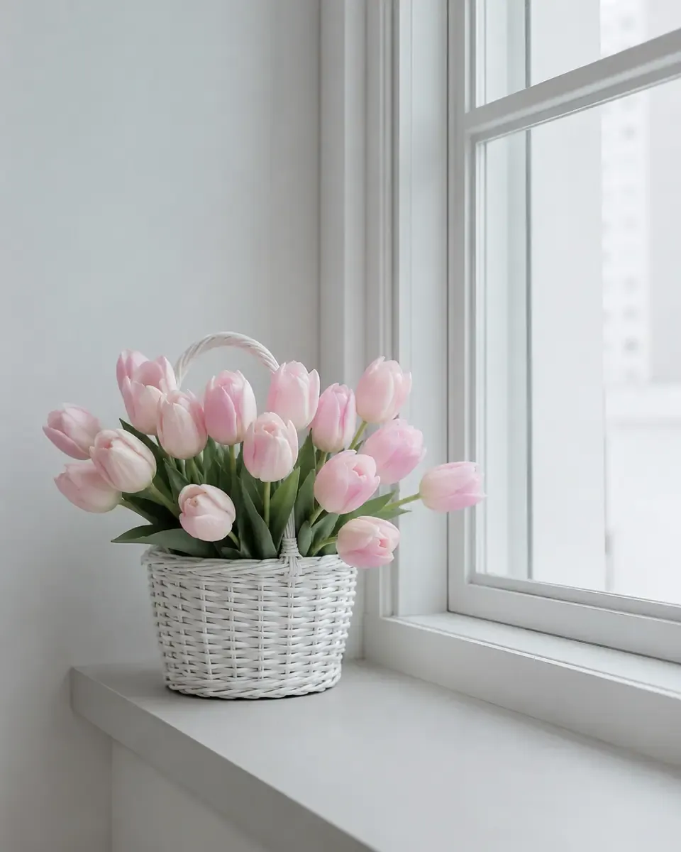 Giỏ đan trắng cắm tulip hồng nhạt đặt trên bệ cửa sổ sáng
