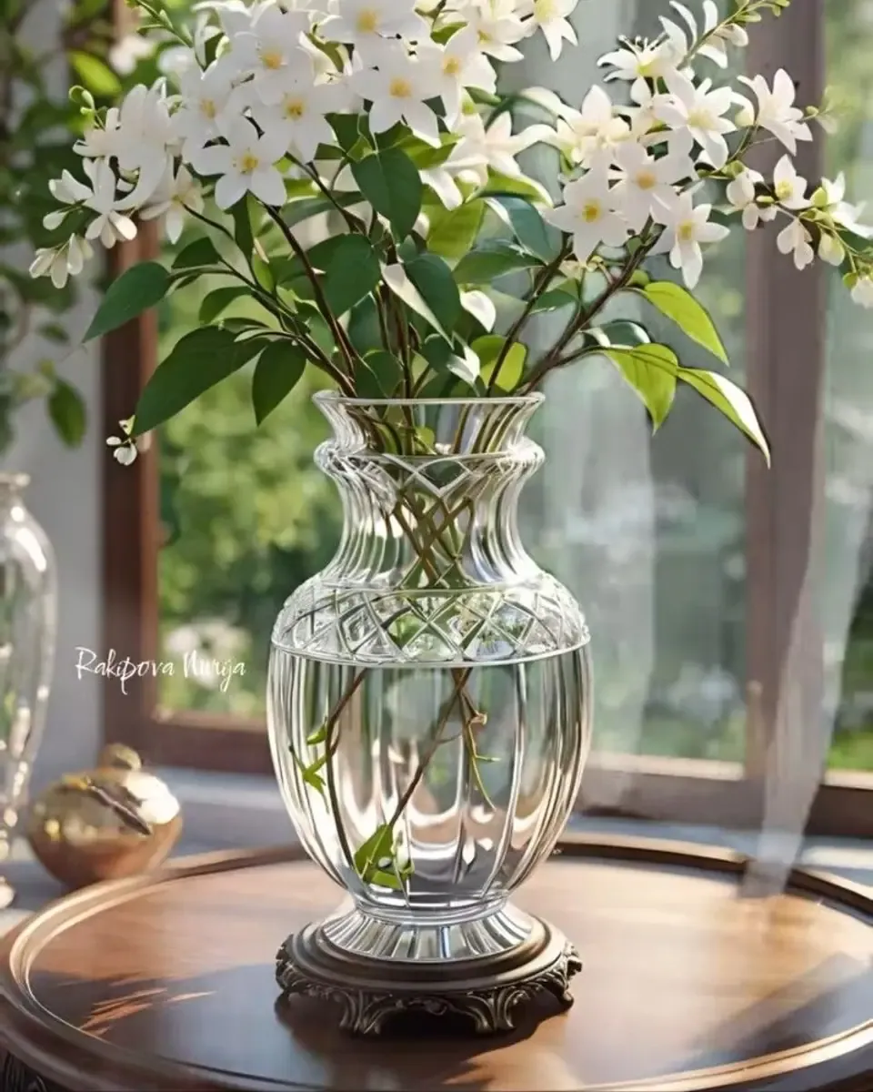 Cành hoa nhài trắng và lá xanh cắm trong bình pha lê đặt bên cửa sổ nhiều nắng