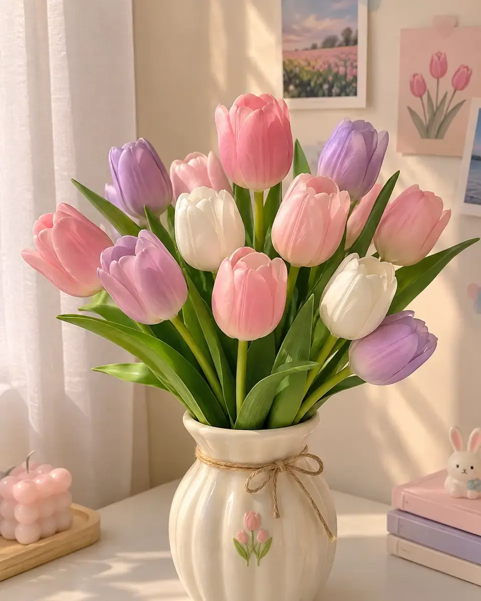 Tulip nhiều màu hồng, tím và trắng cắm trong bình sứ kem buộc dây thừng đặt trên bàn học cạnh nến