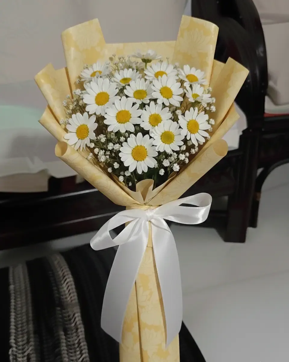 Bó cúc họa mi và baby gói giấy vàng nhạt, buộc nơ trắng, đặt trên giường