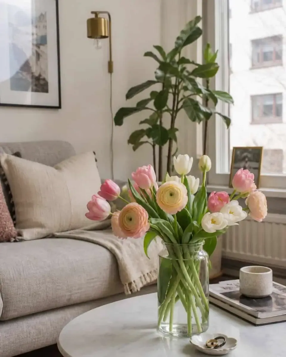 Bình thủy tinh cắm hoa tulip và hoa mao lương nhiều màu đặt trên bàn trà đá cẩm thạch cạnh ghế sofa
