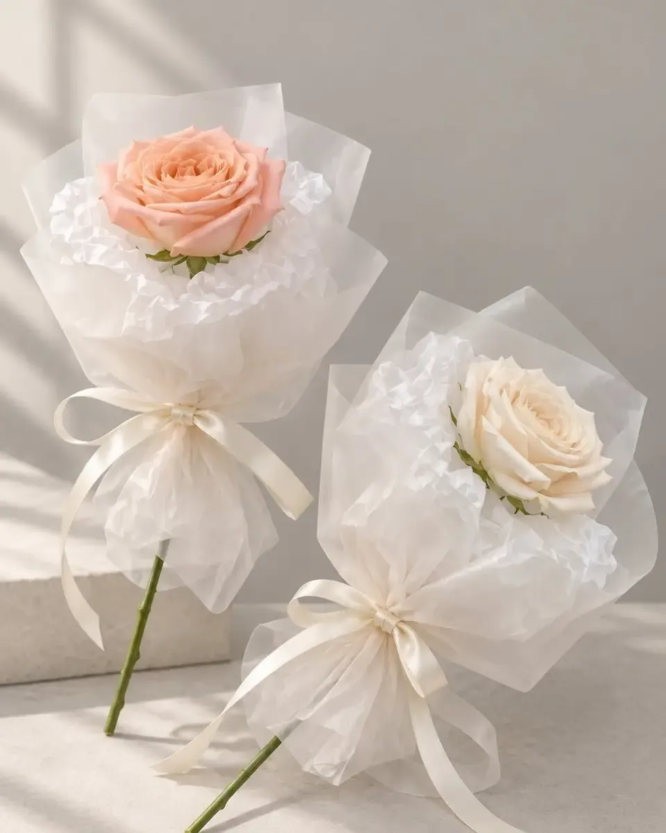 Một bông hồng cam đào gói giấy trắng mờ, buộc nơ be