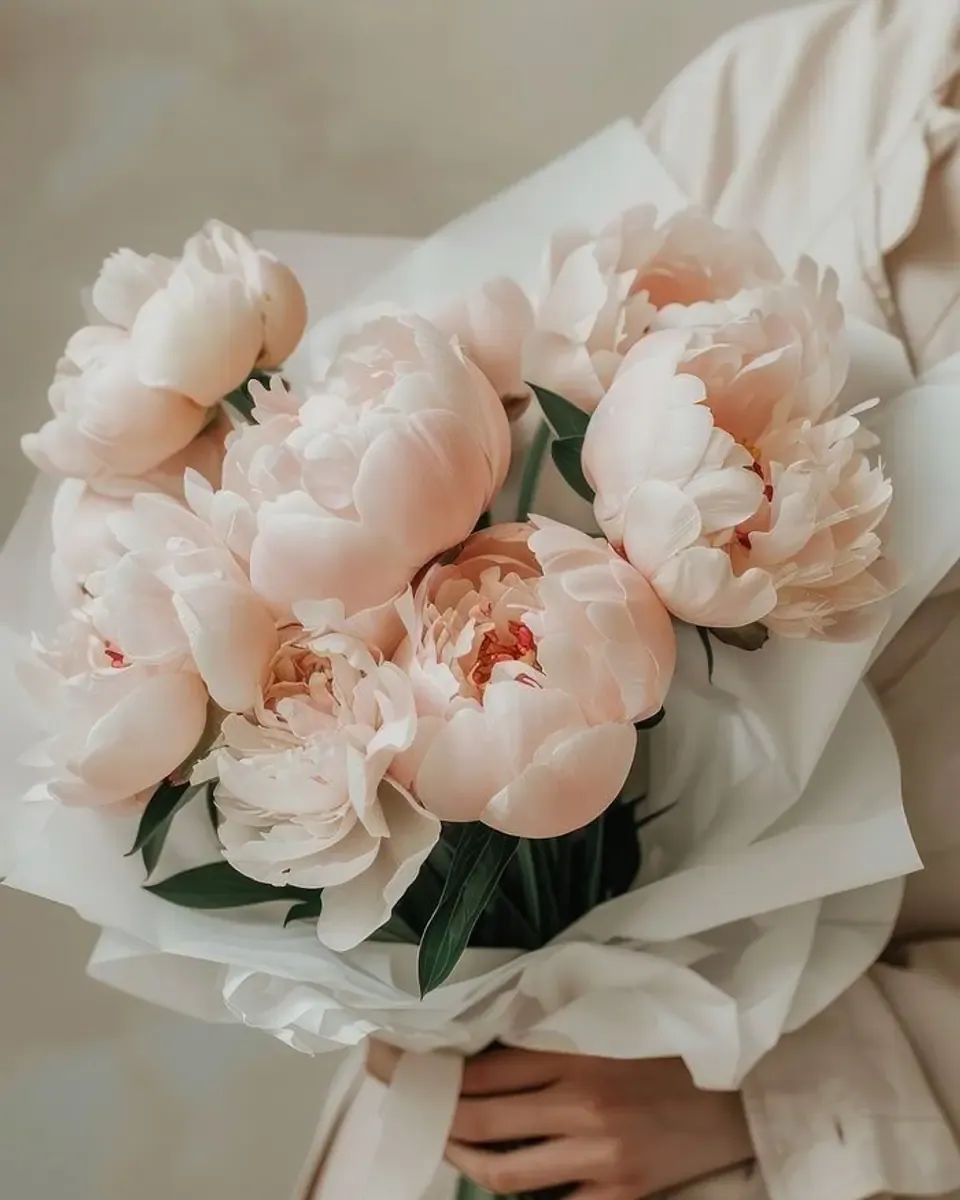 Bó mẫu đơn hồng đào gói giấy trắng nhẹ, tay cầm
