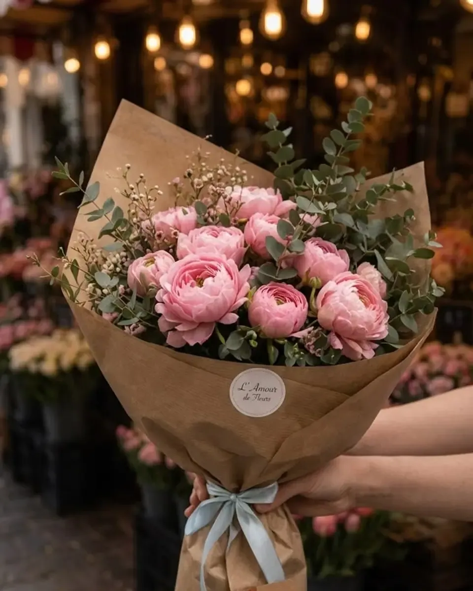 Bó mẫu đơn hồng xen lá bạc hà gói giấy kraft nâu, buộc ruy băng xanh nhạt, được cầm ngoài chợ hoa