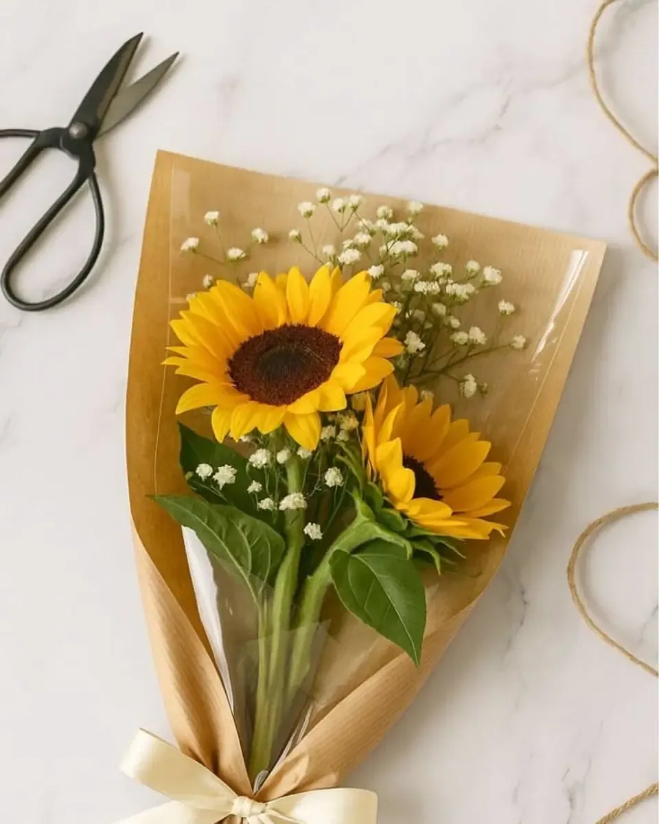 Bó hướng dương và baby gói giấy trong cùng giấy kraft, buộc ruy băng kem, đặt trên mặt đá sáng