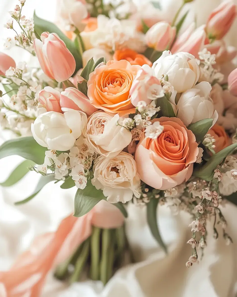 Bó hoa cưới hồng cam, tulip cam nhạt và hoa nhỏ trắng, cuống bọc ruy băng cam đào