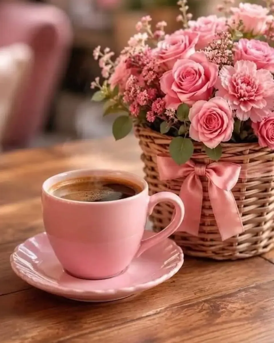 Giỏ mây cắm hoa hồng và cẩm chướng hồng thắt nơ, đặt cạnh tách cà phê hồng trên bàn gỗ