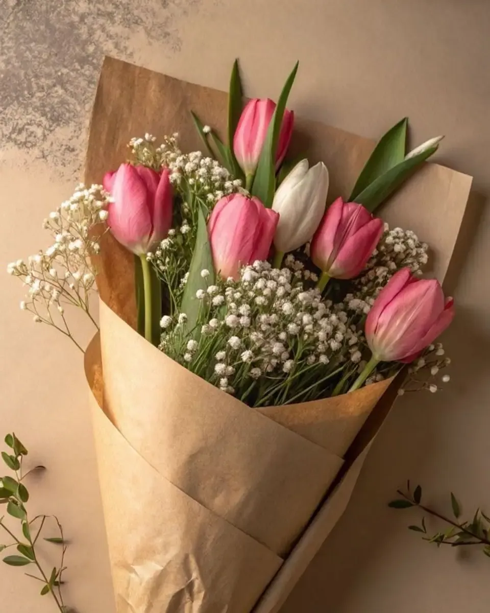 Bó tulip hồng và trắng cùng baby, gói giấy kraft buộc dây thừng, nền kem