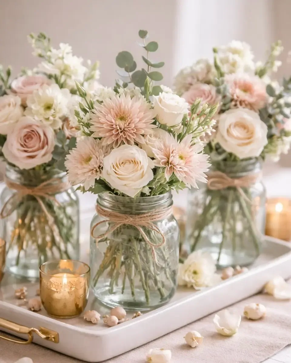 Ba lọ thủy tinh buộc dây thừng cắm hồng kem, cúc kem và lá bạch đàn xếp trên khay trắng cạnh nến