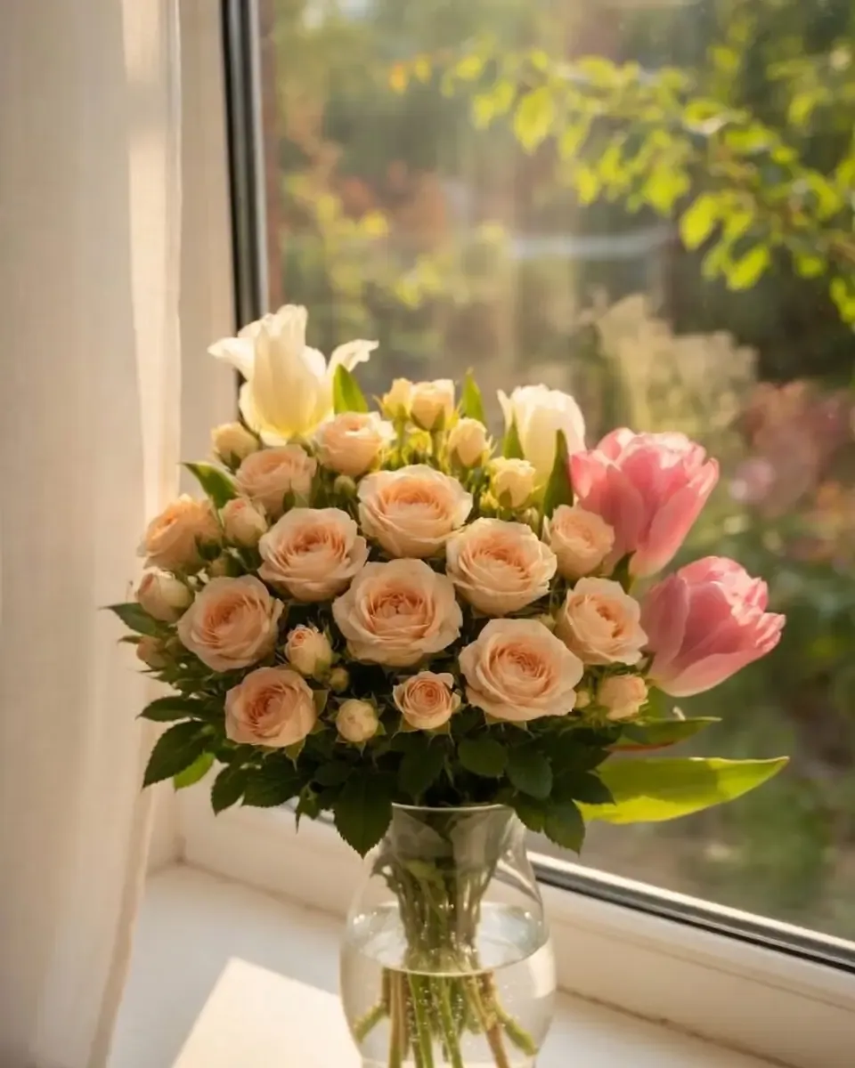 Bình thủy tinh cắm hoa hồng bụi màu đào và tulip hồng trên bệ cửa sổ nắng