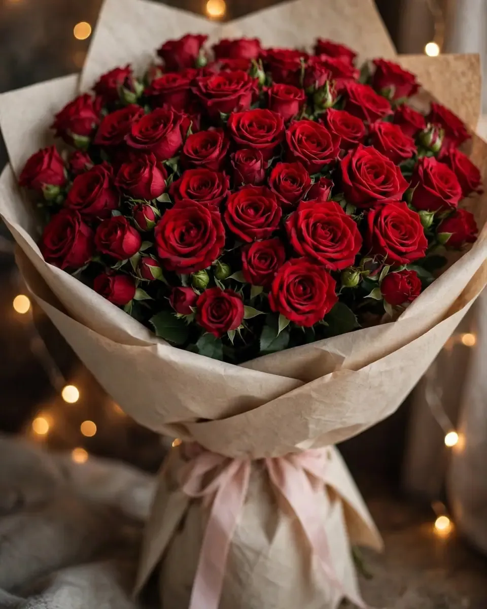 Bó hồng đỏ đầy đặn gói giấy kem và ruy băng hồng, ánh đèn dây ấm phía sau