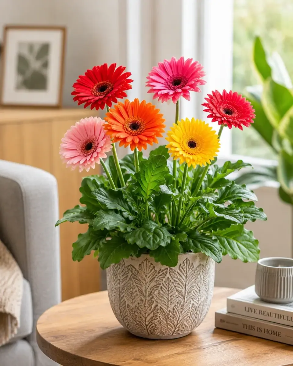 Chậu cúc đồng tiền nhiều màu đỏ, cam, vàng, hồng trong chậu gốm đặt trên bàn gỗ tròn cạnh ghế sofa
