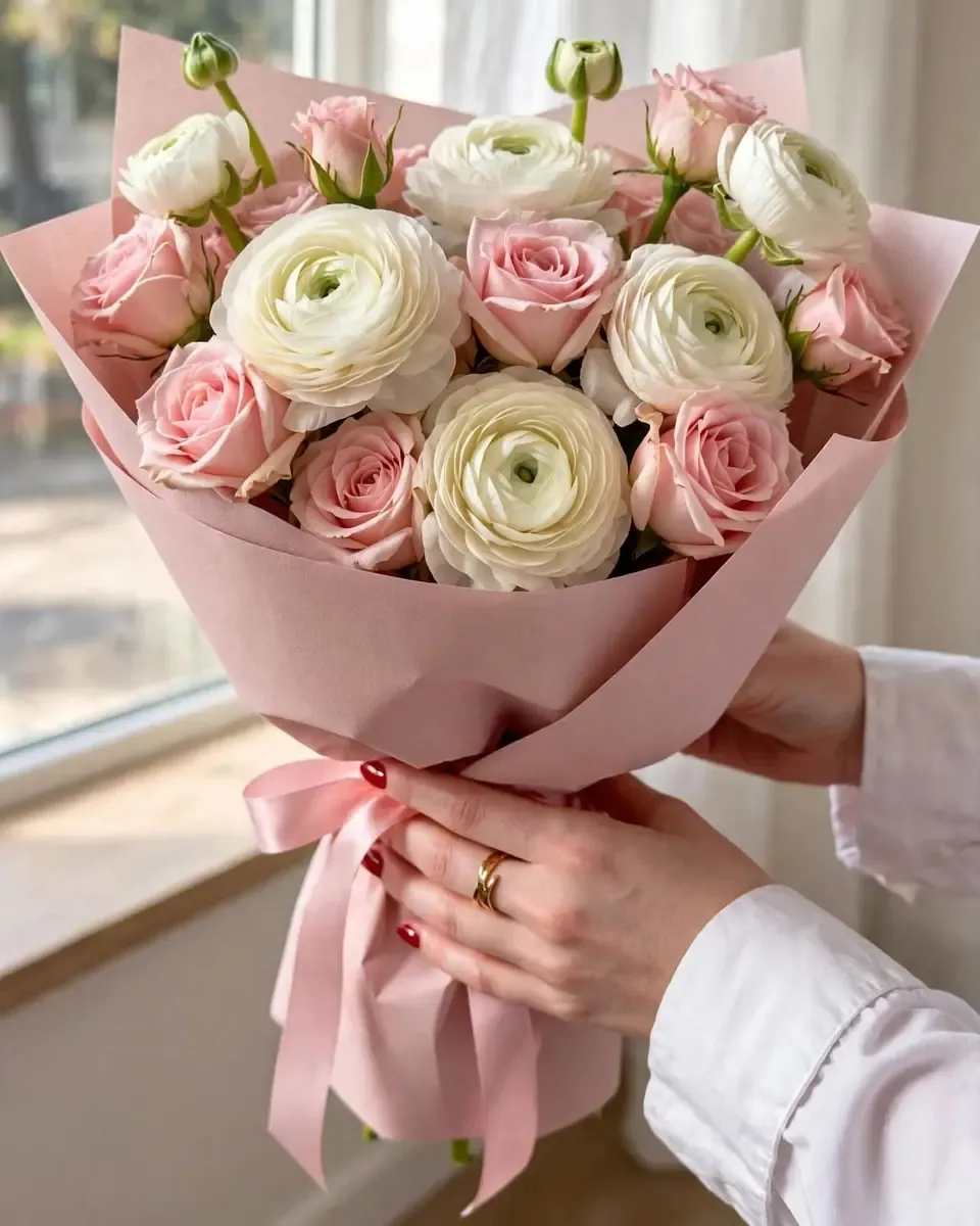 Hoa mao lương hồng và trắng cùng hoa hồng gói giấy hồng nhạt, được hai bàn tay cầm bên cửa sổ