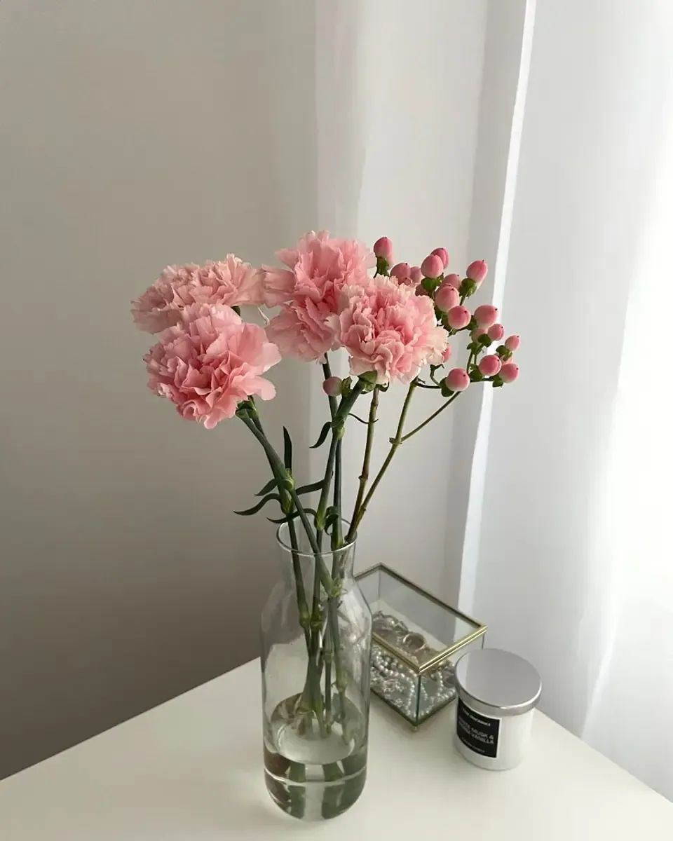 Bình thủy tinh mảnh cắm vài cành cẩm chướng hồng phấn đặt trên bàn trắng cạnh cửa sổ
