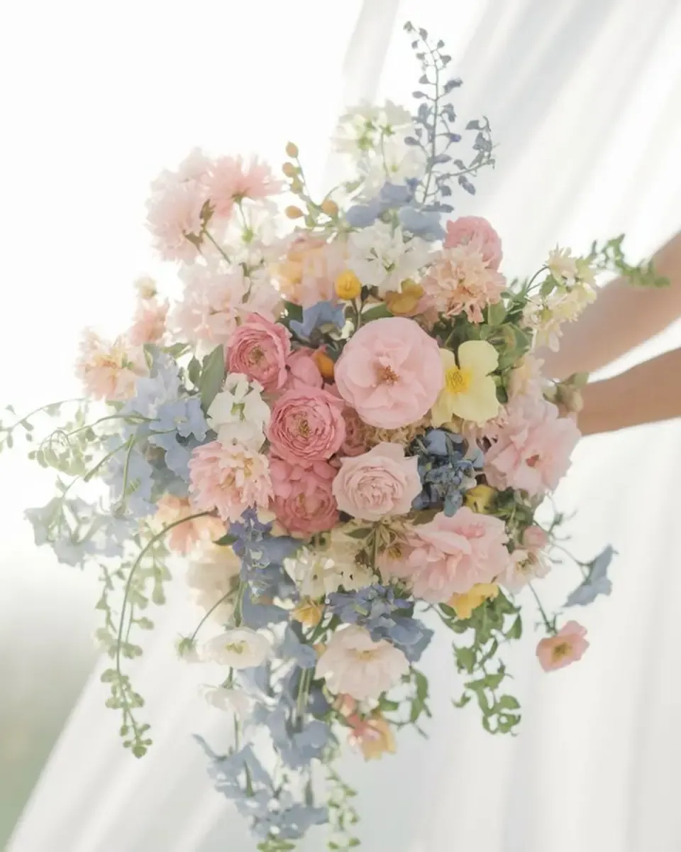 Bó hoa hồng, hoa nhài và hoa xanh nhạt buông nhẹ trước nền váy trắng mềm