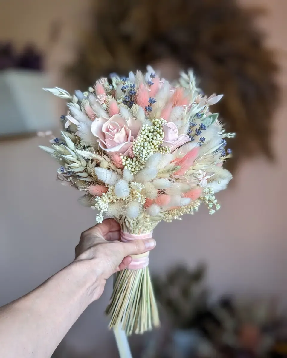 Bó hoa khô nhỏ gồm hồng pastel, đuôi thỏ và cỏ khô do một bàn tay cầm trên nền tường mờ