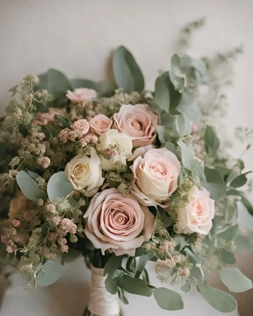 Bó hoa cưới gồm hoa hồng hồng kem, hoa nhỏ và lá bạch đàn, cuống buộc dây kem trên nền sáng