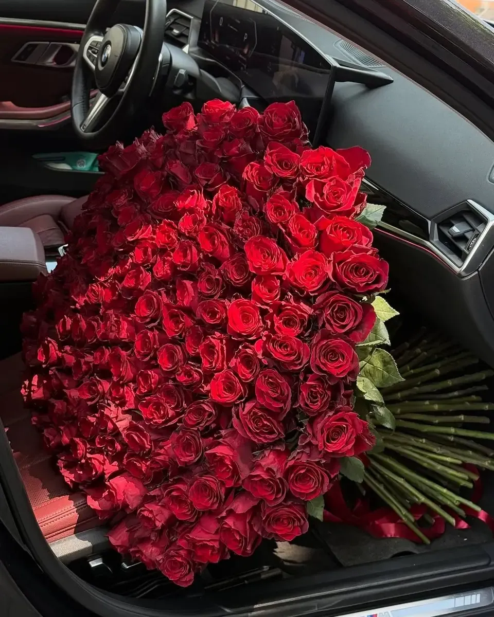 Bó hoa hồng đỏ rất lớn đặt trong khoang xe hơi, cuống hoa dài buông ra ngoài