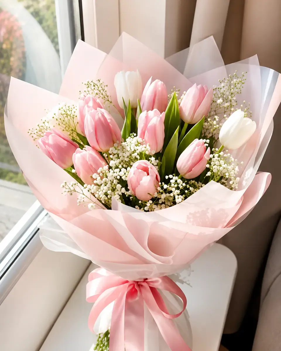 Bó tulip hồng cùng baby gói giấy hồng và trắng, đặt bên cửa sổ sáng