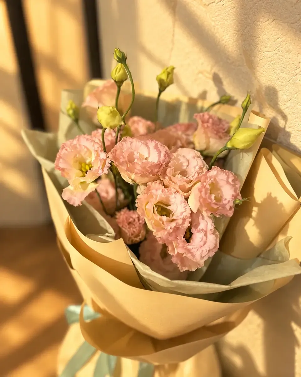 Bó cát tường hồng đào gói giấy kraft và giấy xanh, nắng chiều chiếu nghiêng
