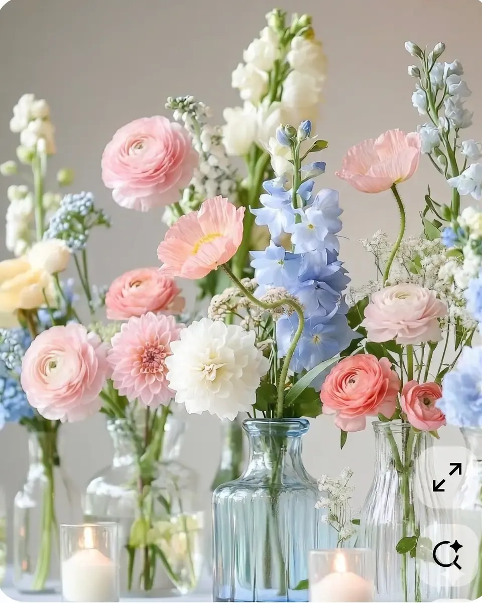 Nhiều bình thủy tinh nhỏ cắm mao lương hồng, cúc và phi yến xanh nhạt trên bàn