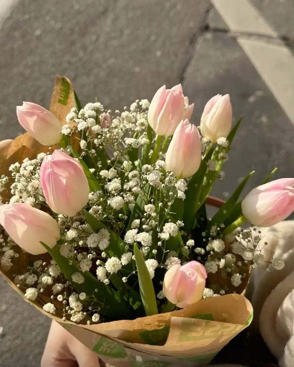 Tulip hồng nhạt và trắng cùng baby, gói giấy kraft trên nền đường xám