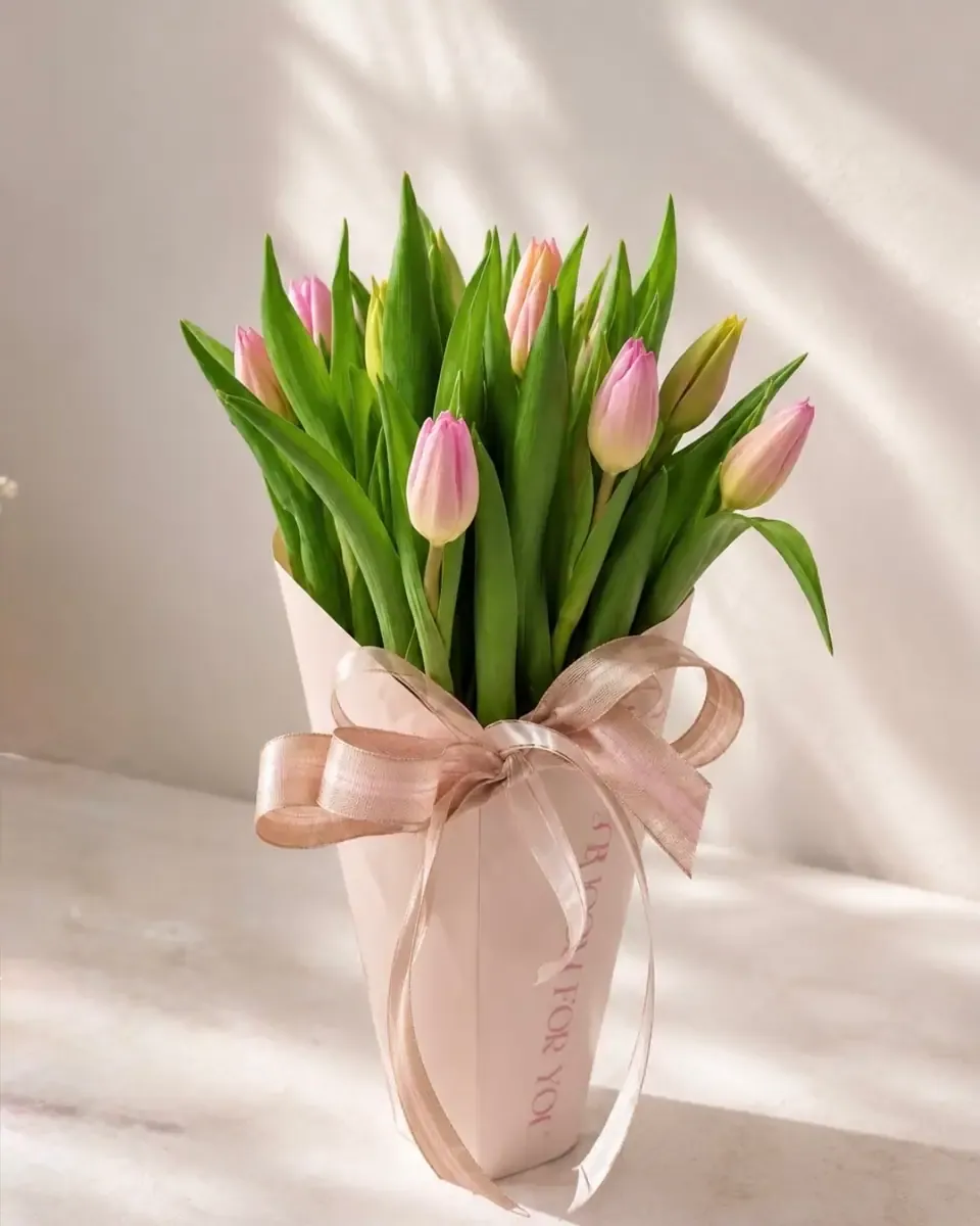 Bó tulip hồng gói giấy hồng nhạt, ruy băng nâu đào, nắng nghiêng