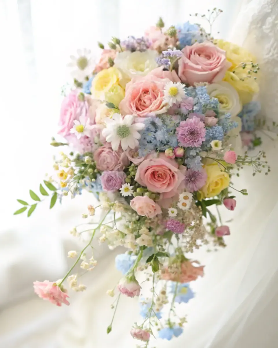 Bó hoa hồng đào, hoa mõm sói và hoa nhỏ màu pastel trên nền sáng