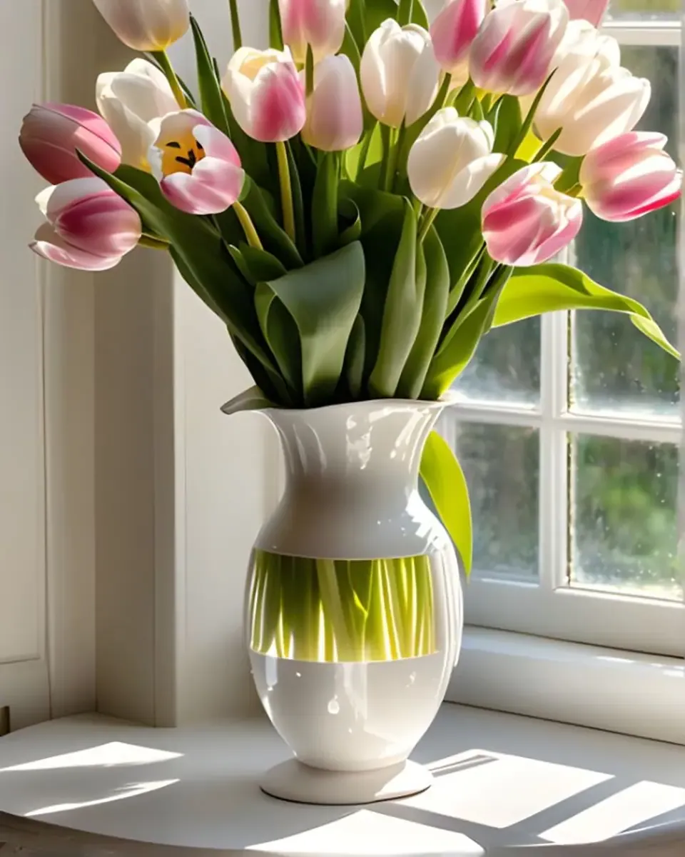 Bình sứ trắng cắm hoa tulip hồng và trắng đặt cạnh cửa sổ sáng, lá xanh mở rộng