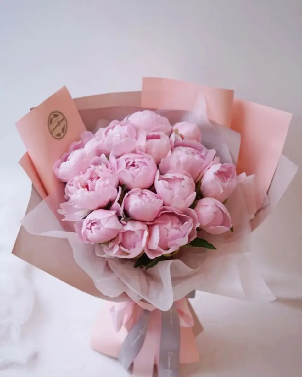 Bó mẫu đơn hồng tròn gói giấy hồng phấn, ruy băng xám hồng