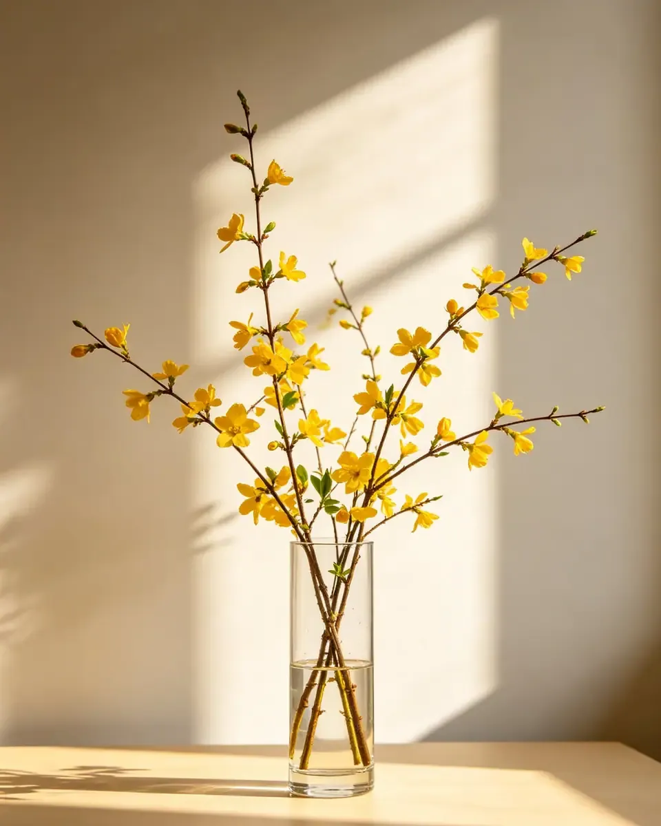 Cành hoa vàng cắm trong bình thủy tinh trong, ánh nắng chiếu nghiêng trên mặt bàn