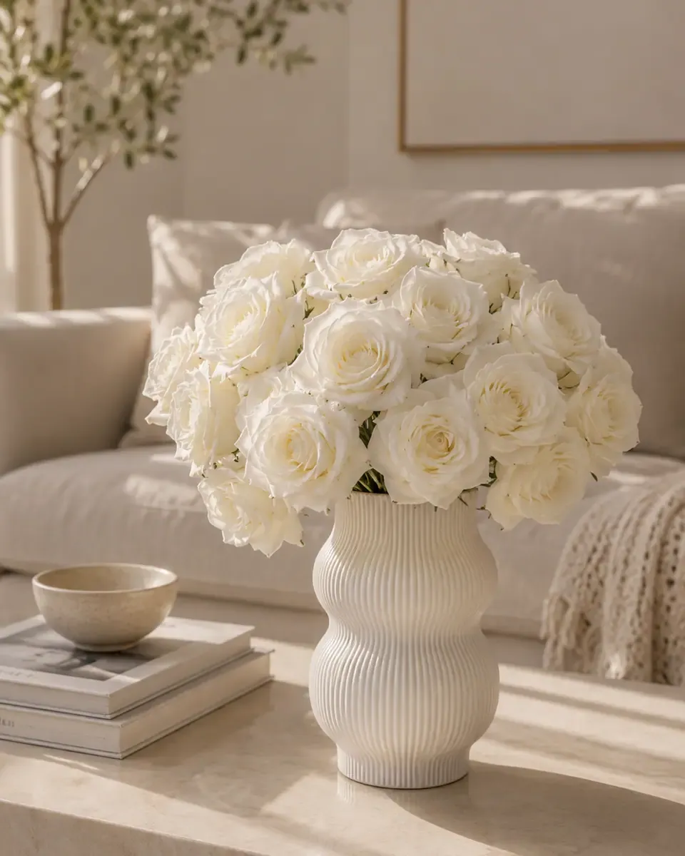 Bình gốm sọc cắm nhiều bông hồng kem lớn trên bàn thấp cạnh sofa và sách
