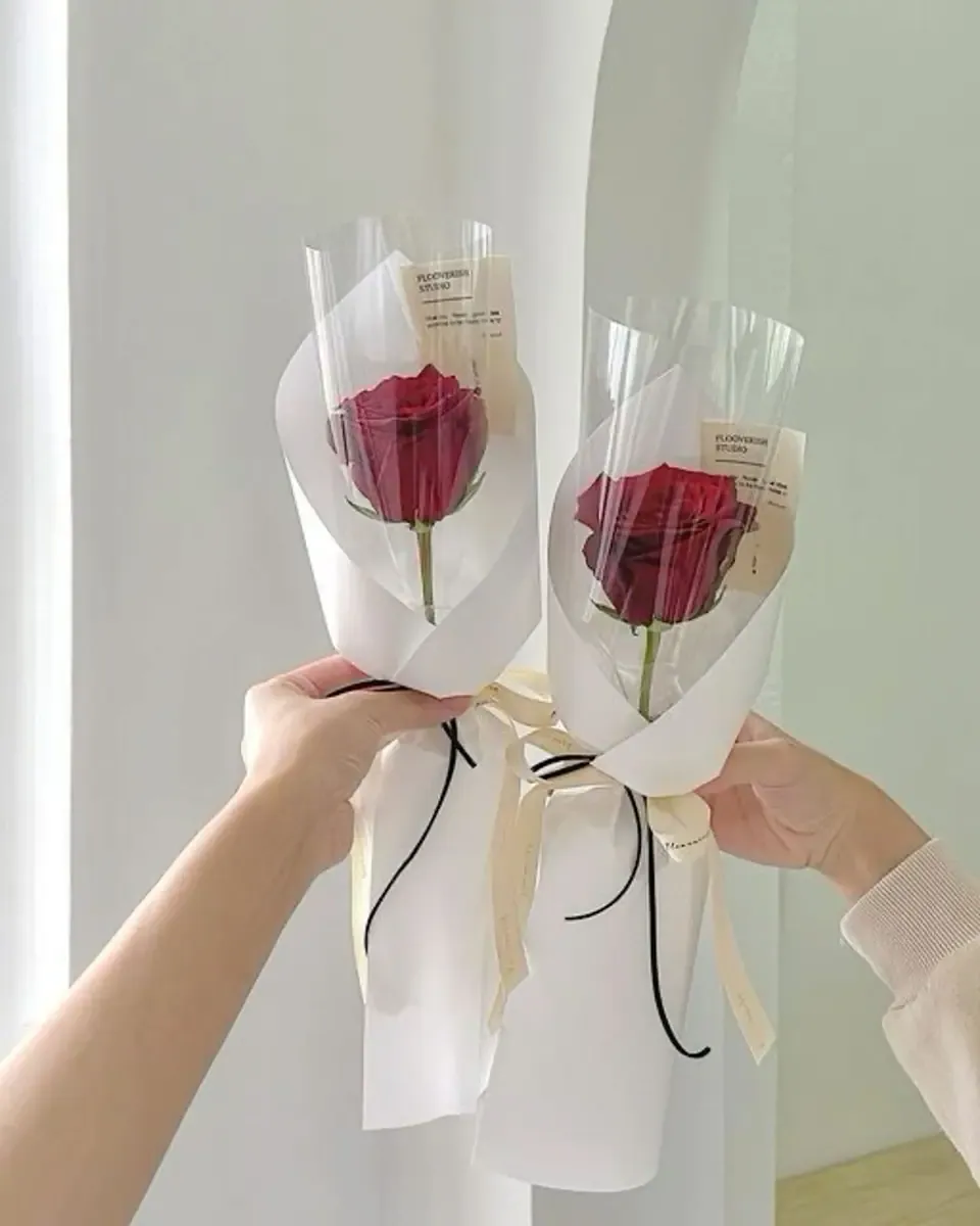 Hai bông hồng đỏ gói riêng trong giấy trong suốt, buộc ruy băng đen, được hai bàn tay cầm