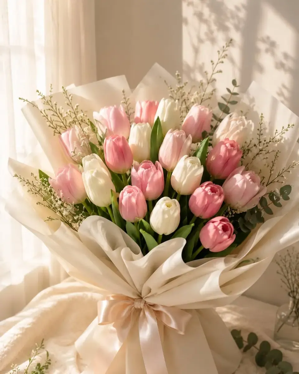 Bó tulip hồng và trắng cùng baby và lá bạch đàn, gói giấy kem, ruy băng bản to