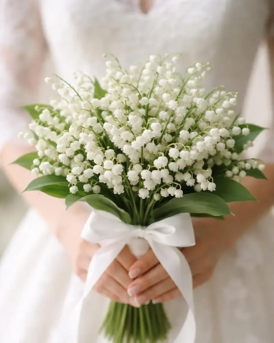 Bó linh lan tròn buộc ruy băng trắng được cầm bằng hai tay trước váy cưới trắng