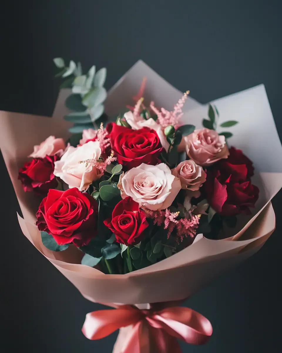 Bó hồng đỏ, hồng phấn và lá bạch đàn gói giấy hồng trên nền tối, ruy băng hồng cam