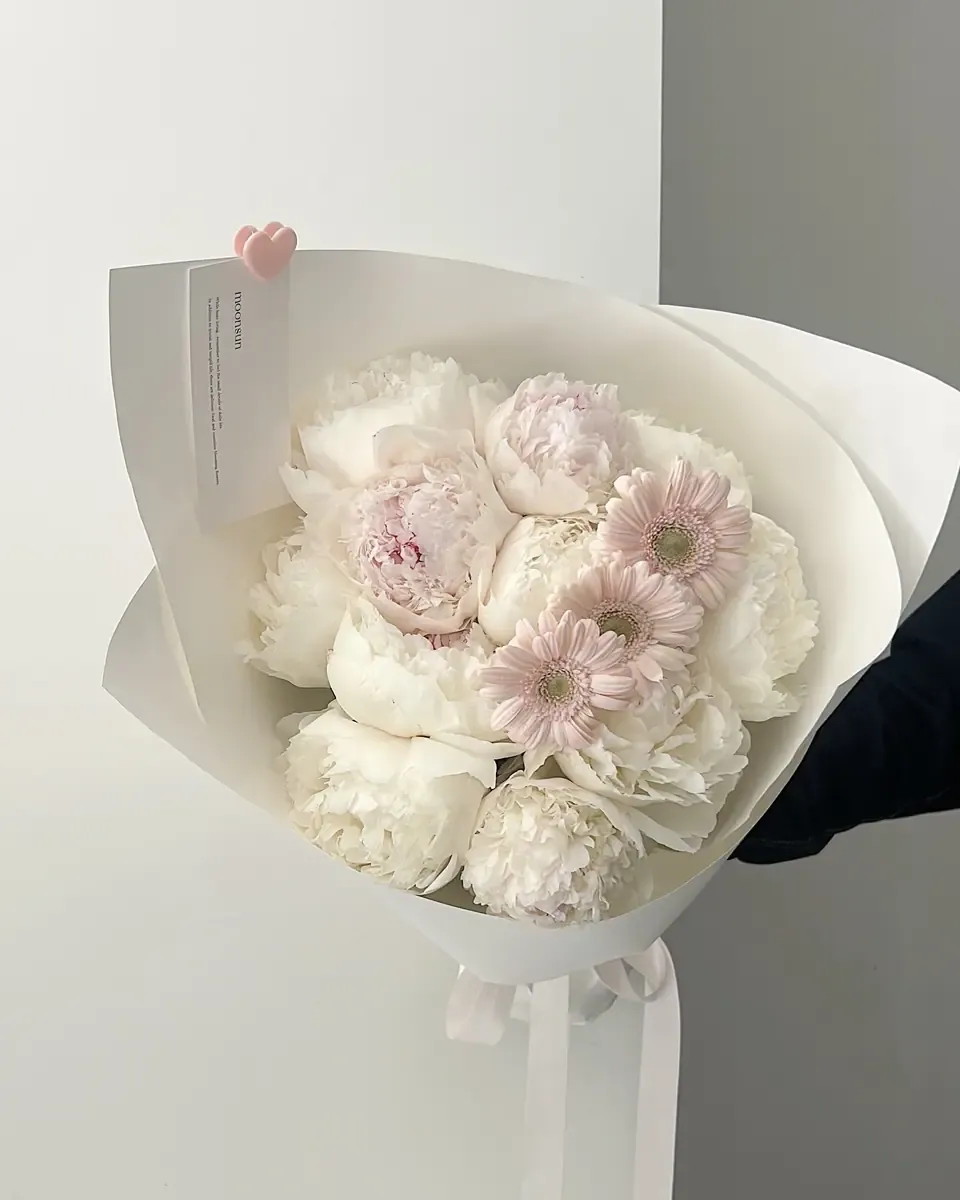 Bó mẫu đơn trắng và cúc đồng tiền hồng gói giấy trắng, ruy băng trắng