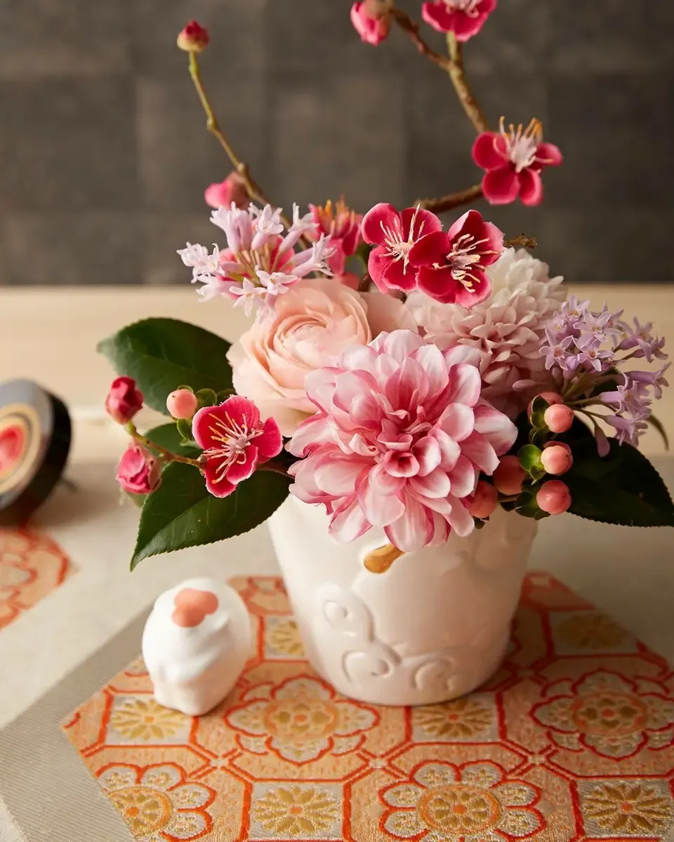 Chậu sứ trắng cắm cành hoa mận đỏ và hoa cúc, hoa hồng hồng đặt trên tấm lót họa tiết cam