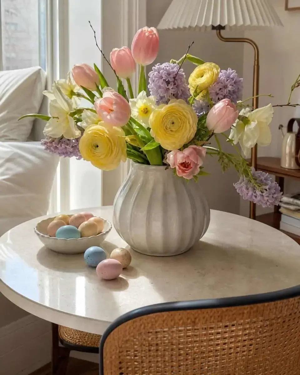 Bình gốm kem cắm hoa mao lương pastel đặt trên bàn tròn cạnh cửa sổ và đèn bàn