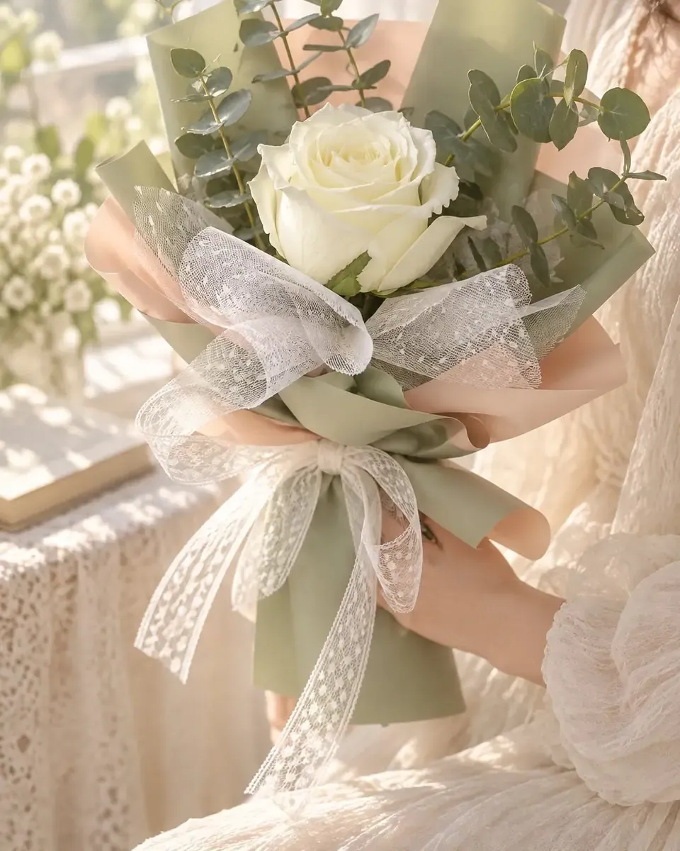 Bó hoa hồng trắng gói giấy xanh sage và hồng đào, buộc ruy băng ren, được cầm gần cửa sổ