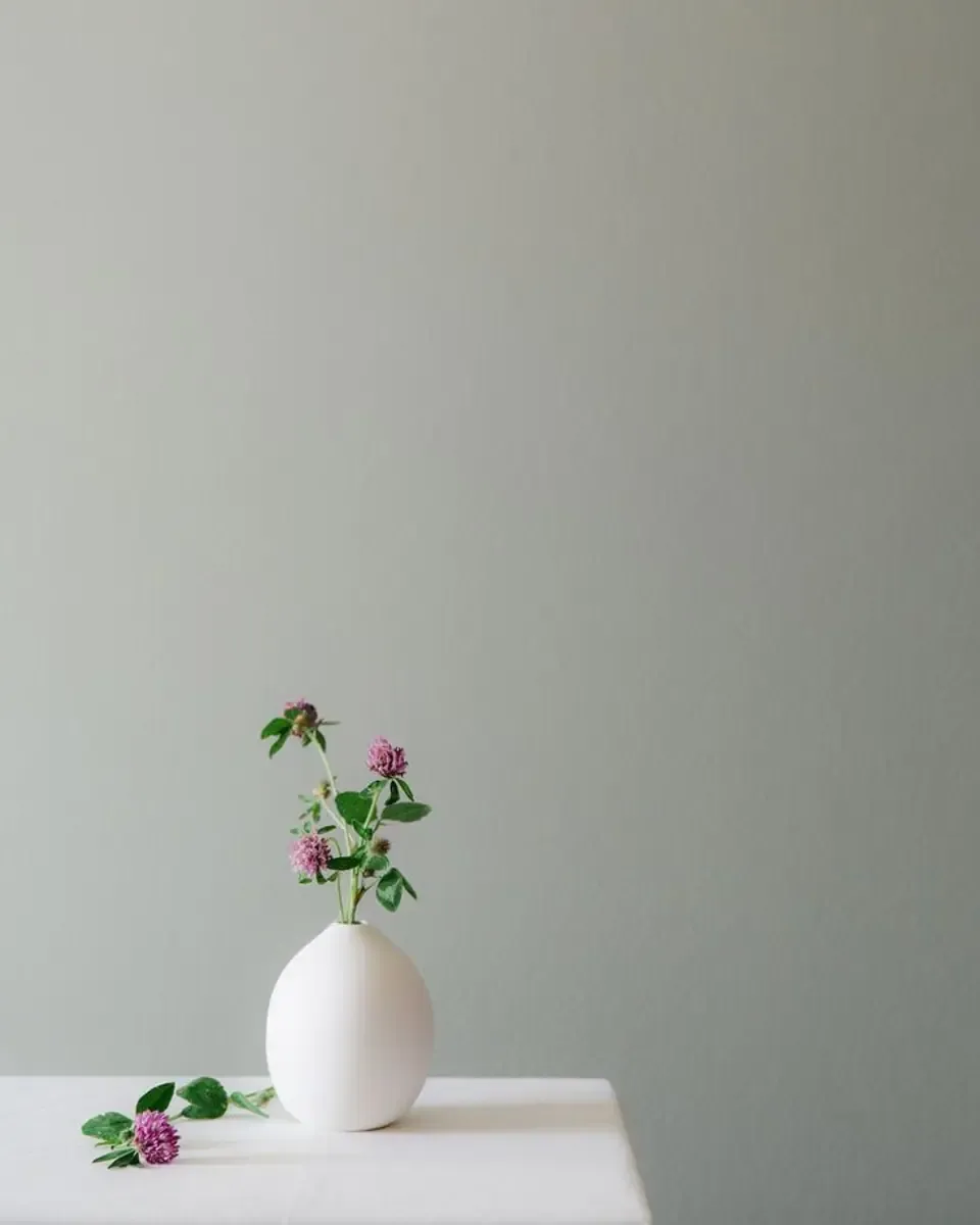 Bình gốm trắng tròn cắm vài cành hoa nhỏ tím hồng trên nền tường xanh xám nhạt