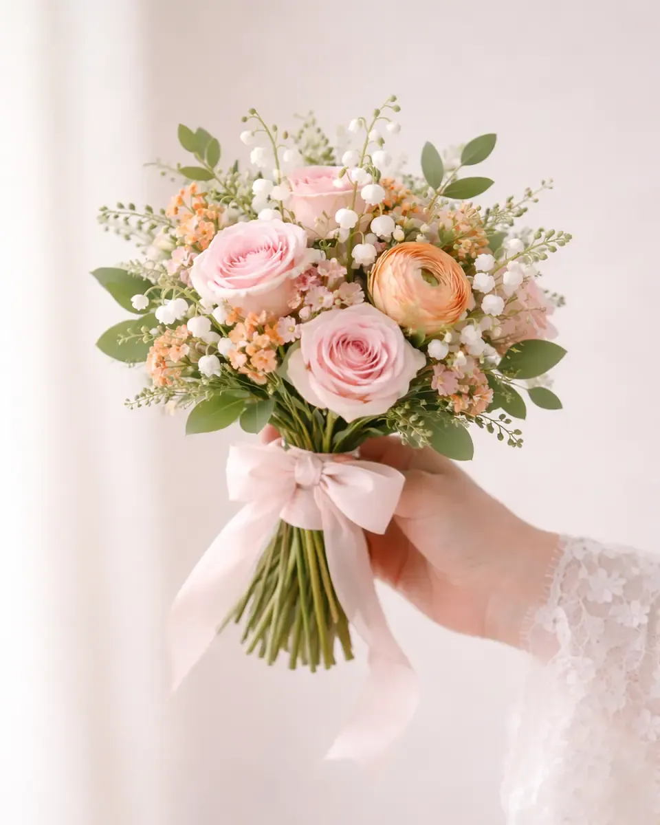 Hai bàn tay cầm bó hoa hồng và mẫu đơn nhỏ tròn, gọn với lá bạch đàn