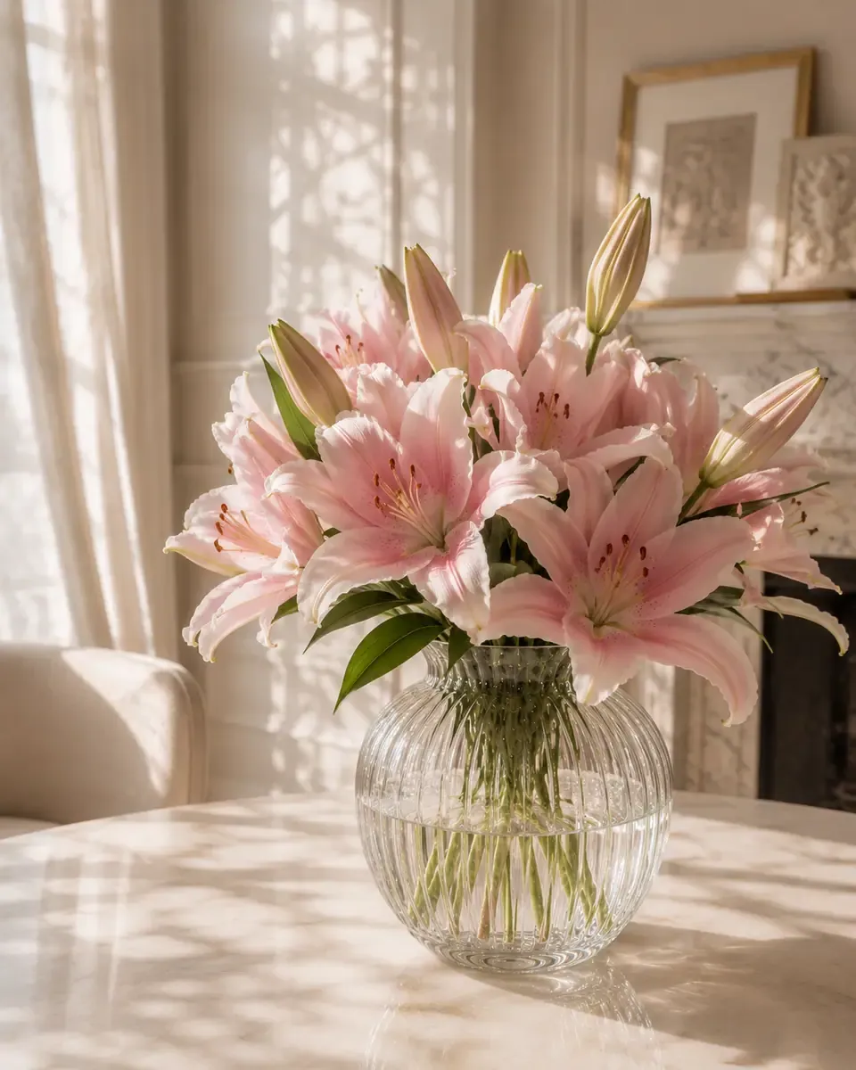 Bình thủy tinh gân đầy lily hồng đặt trên bàn đá, nắng cửa sổ chiếu nghiêng