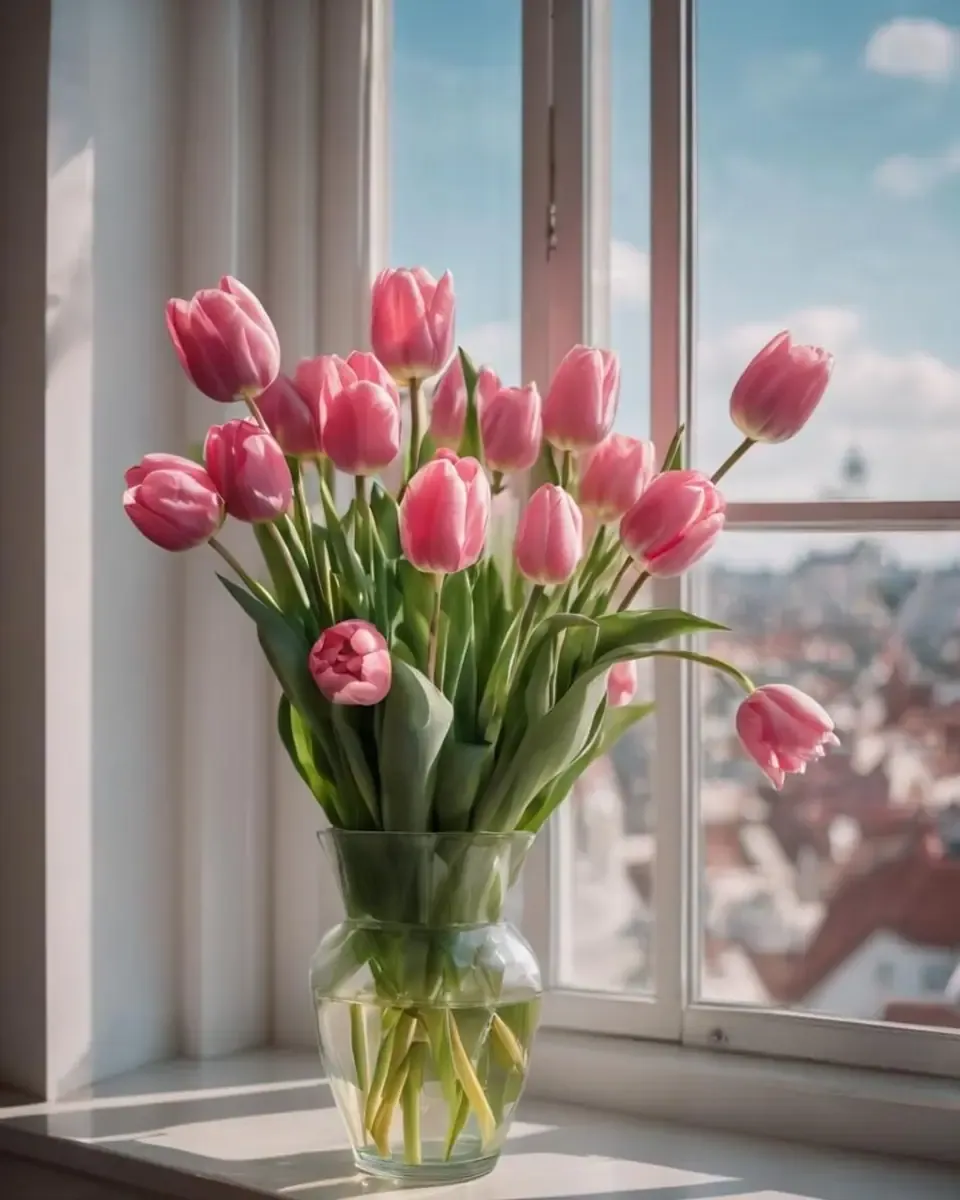 Bình thủy tinh cắm tulip hồng đặt bên cửa sổ lúc hoàng hôn