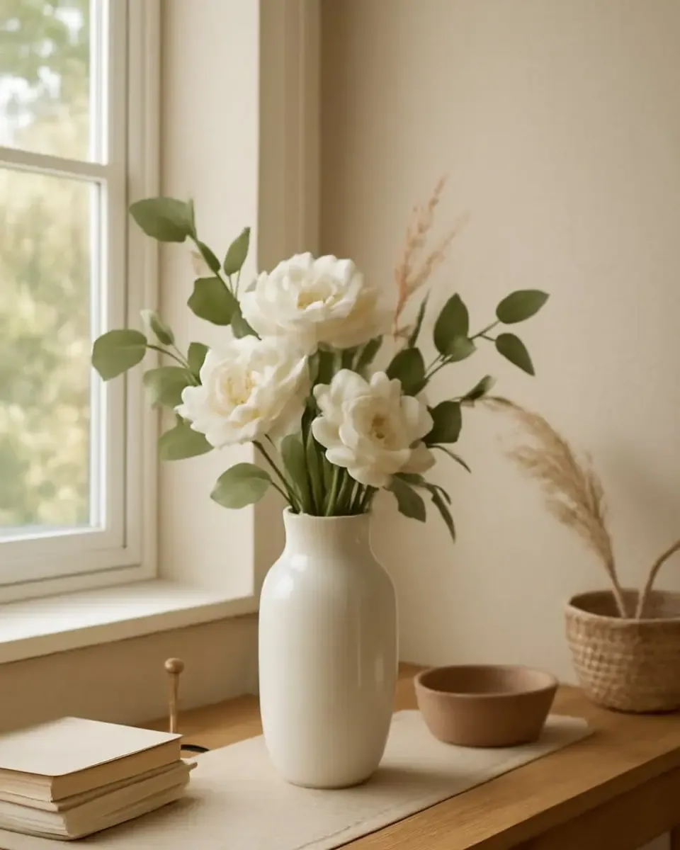 Bình thủy tinh cắm hoa hồng trắng cùng lá xanh, đặt cạnh cửa sổ và sách