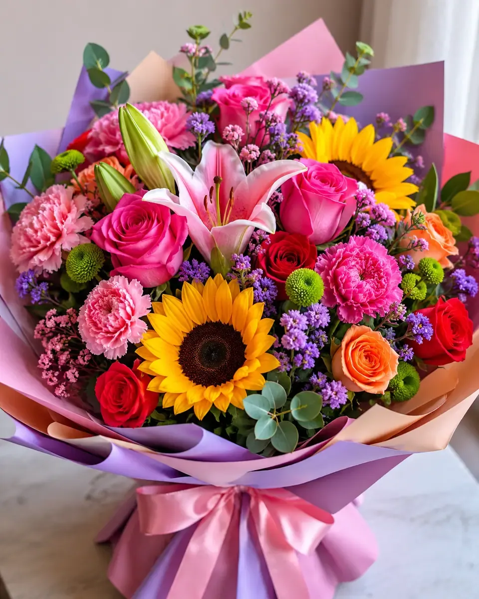 Bó hướng dương, hồng và ly hồng cùng hoa tím gói giấy tím hồng buộc ruy băng hồng