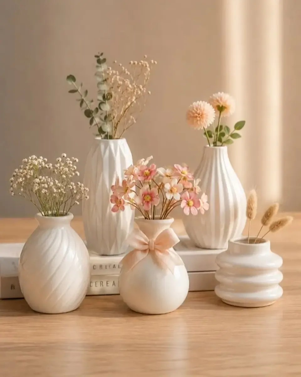 Nhóm bình sứ trắng nhỏ nhiều kiểu cắm hoa baby, hoa khô và hoa hồng cam đặt trên bàn gỗ