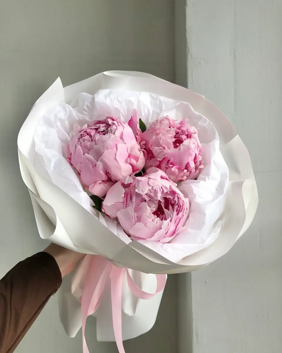 Bó ba bông mẫu đơn hồng gói giấy trắng, buộc ruy băng hồng phấn