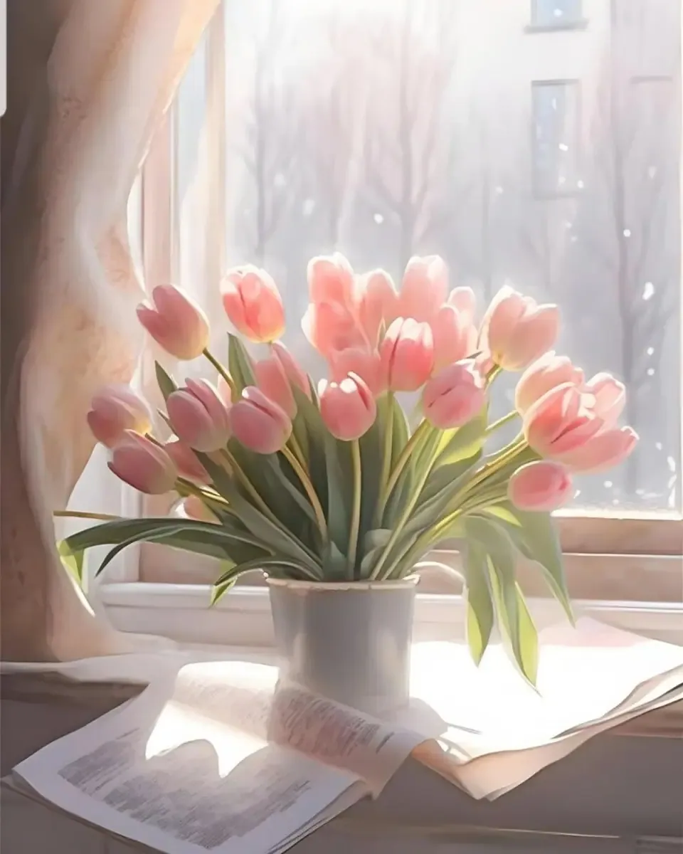 Bình sứ nhỏ cắm hoa tulip hồng và vàng đặt cạnh cửa sổ có rèm hoa, bên cạnh là chén trà
